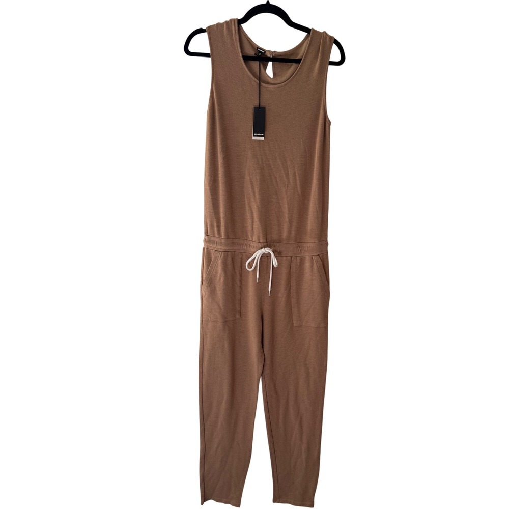 Monrow Womens Sleeveless Slub Jersey Drawstring Jumpsuit Tan‎ Size Medium NEW